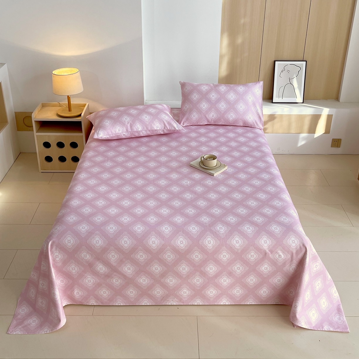 91家纺网 家纺一手货源 找家纺 爱彼家纺 2026年新款全棉老粗布加厚加密高克重凉席席子；单床单花型更好卖，床单三件套 幻想-粉