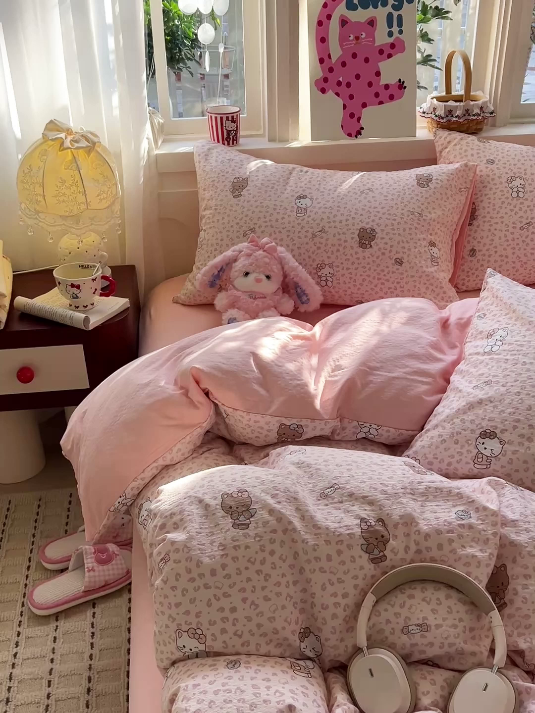 91家纺网 家纺一手货源 找家纺 水木坊 2026春夏新款云感双层纱可爱系列四件套 豹纹小猫-粉