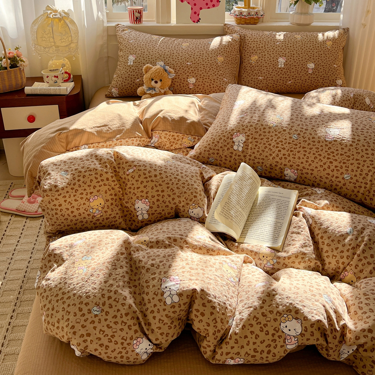 水木坊 2026春夏新款云感双层纱可爱系列四件套 豹纹小猫-咖