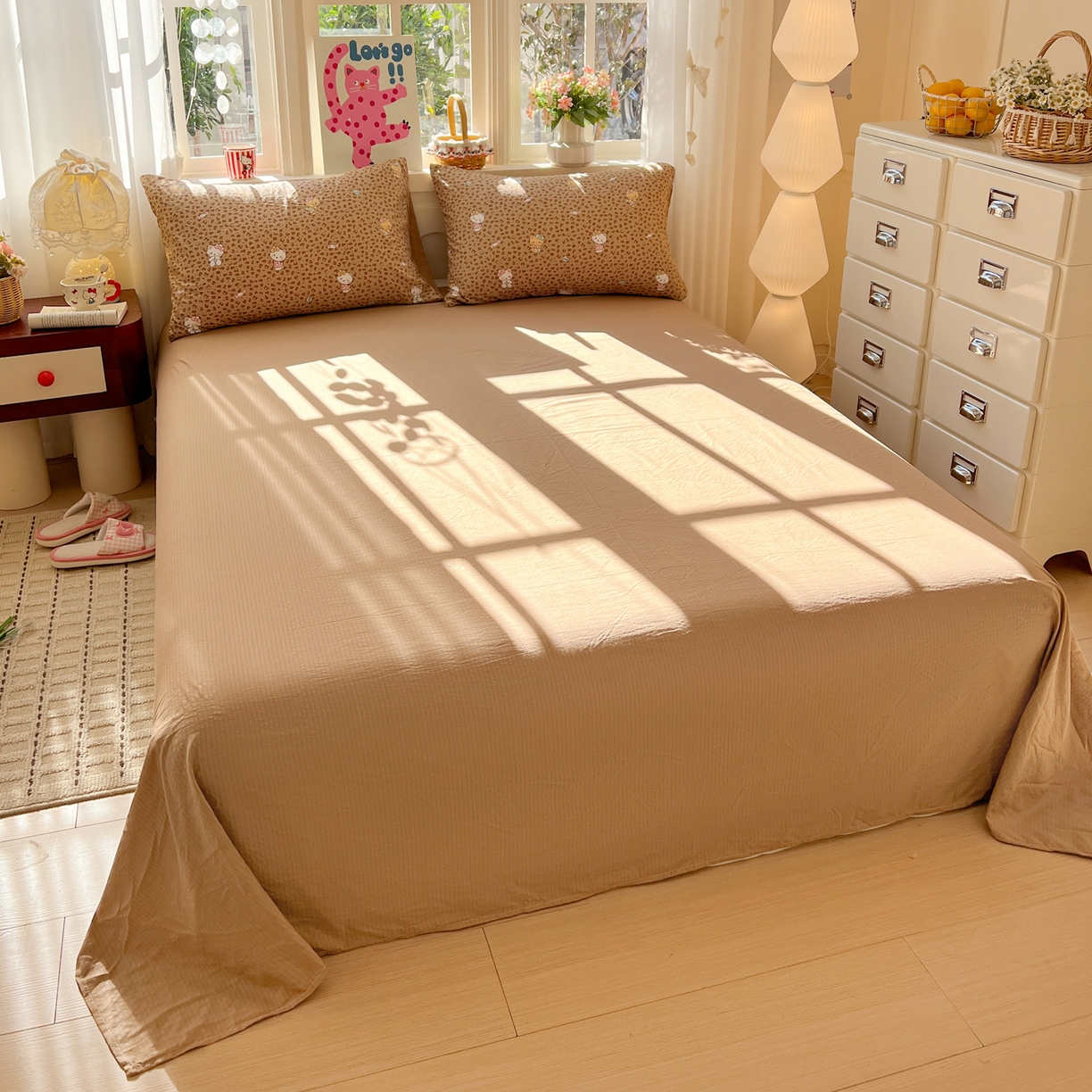 91家纺网 家纺一手货源 找家纺 水木坊 2026春夏新款云感双层纱可爱系列四件套 豹纹小猫-咖