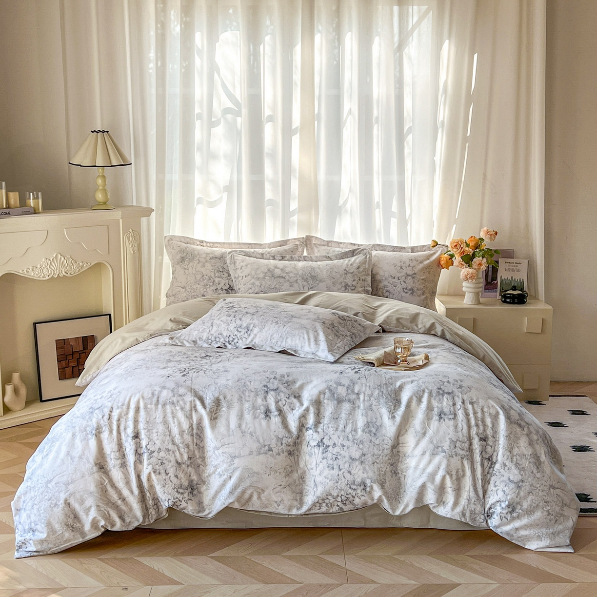 91家纺网 家纺一手货源 找家纺 典曼家纺 2026新款纯棉花卉系列全棉印花四件套 清珞-灰