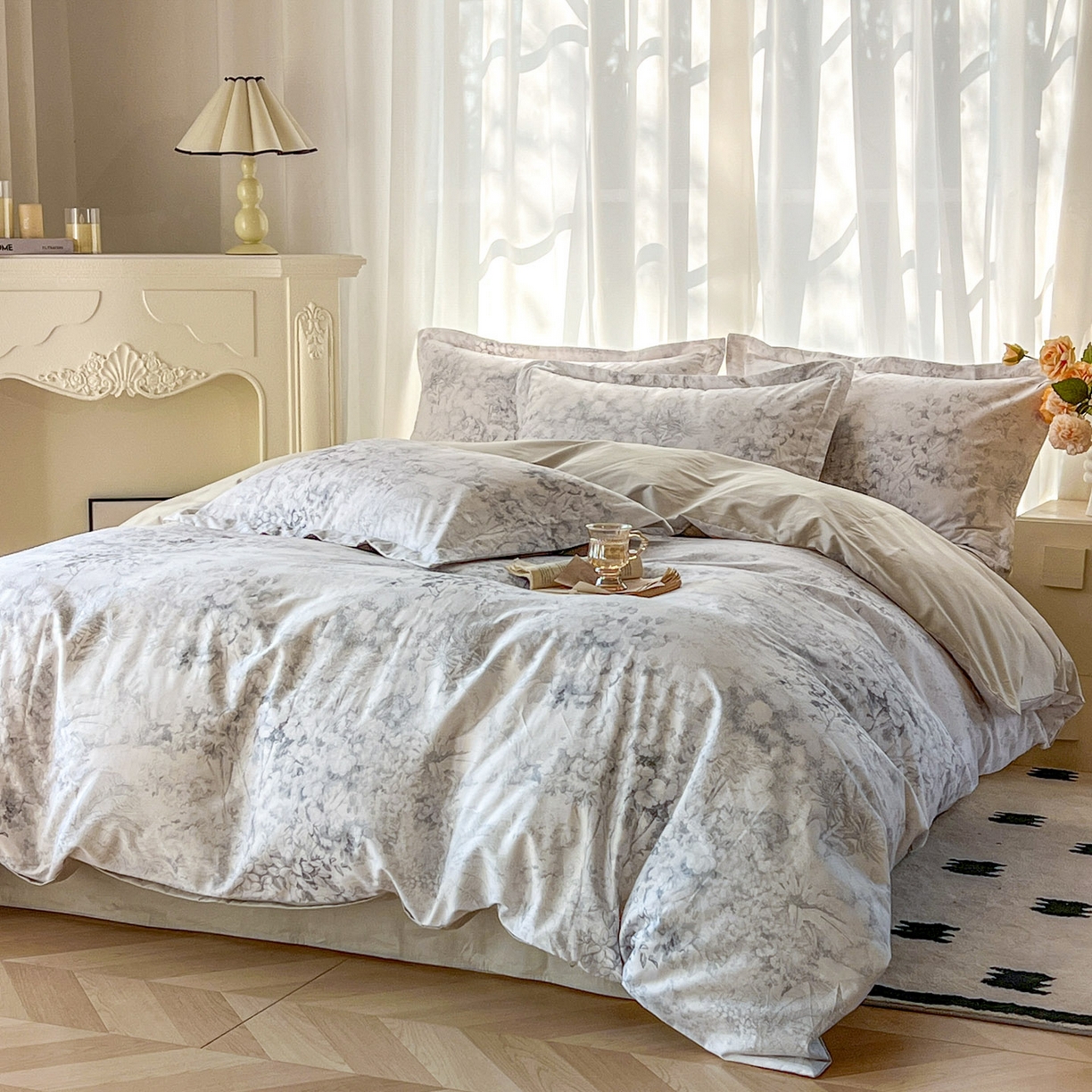 91家纺网 家纺一手货源 找家纺 典曼家纺 2026新款纯棉花卉系列全棉印花四件套 清珞-灰