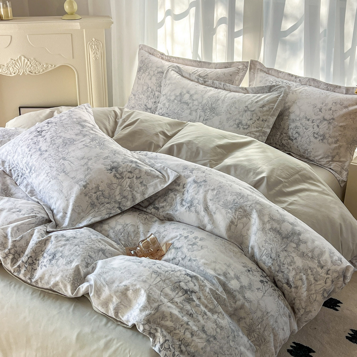 91家纺网 家纺一手货源 找家纺 典曼家纺 2026新款纯棉花卉系列全棉印花四件套 清珞-灰