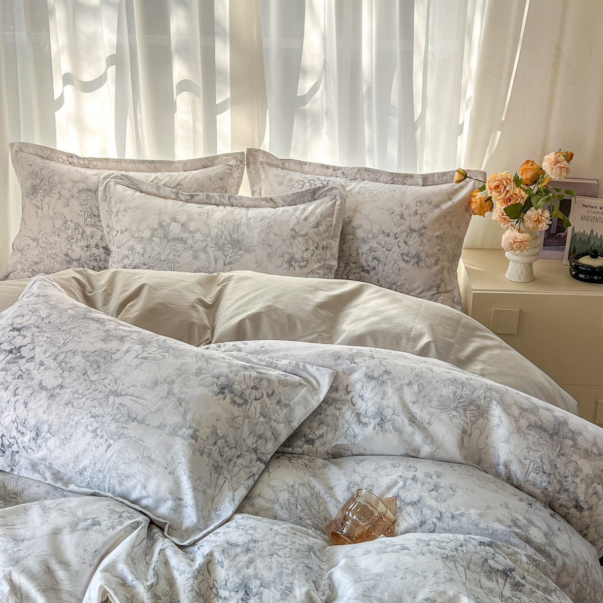 91家纺网 家纺一手货源 找家纺 典曼家纺 2026新款纯棉花卉系列全棉印花四件套 清珞-灰