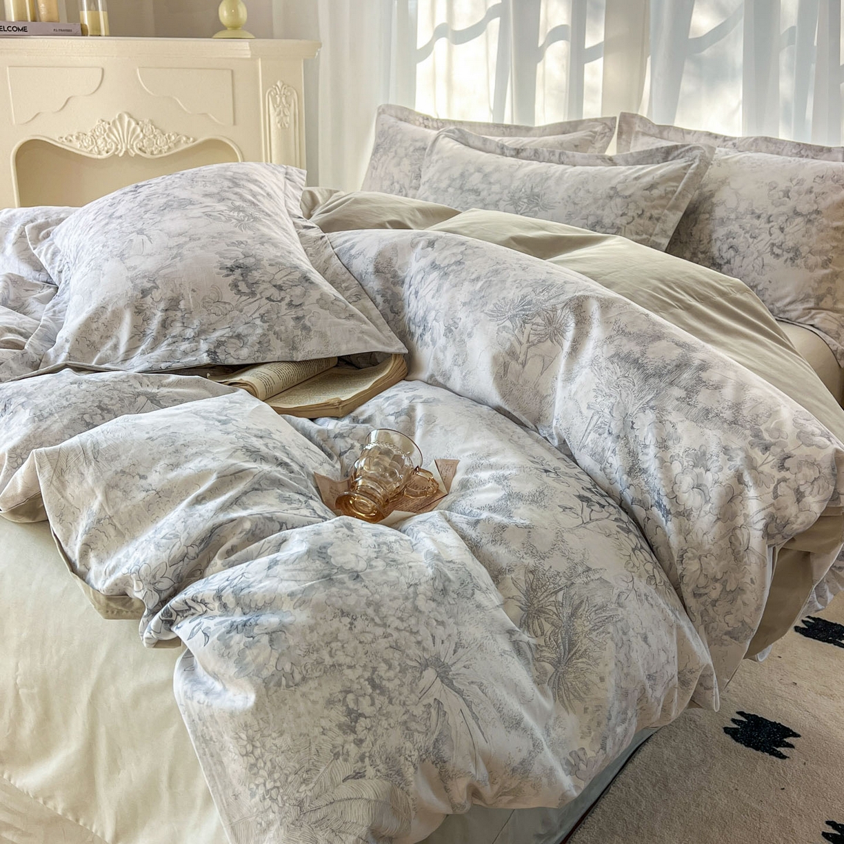 91家纺网 家纺一手货源 找家纺 典曼家纺 2026新款纯棉花卉系列全棉印花四件套 清珞-灰