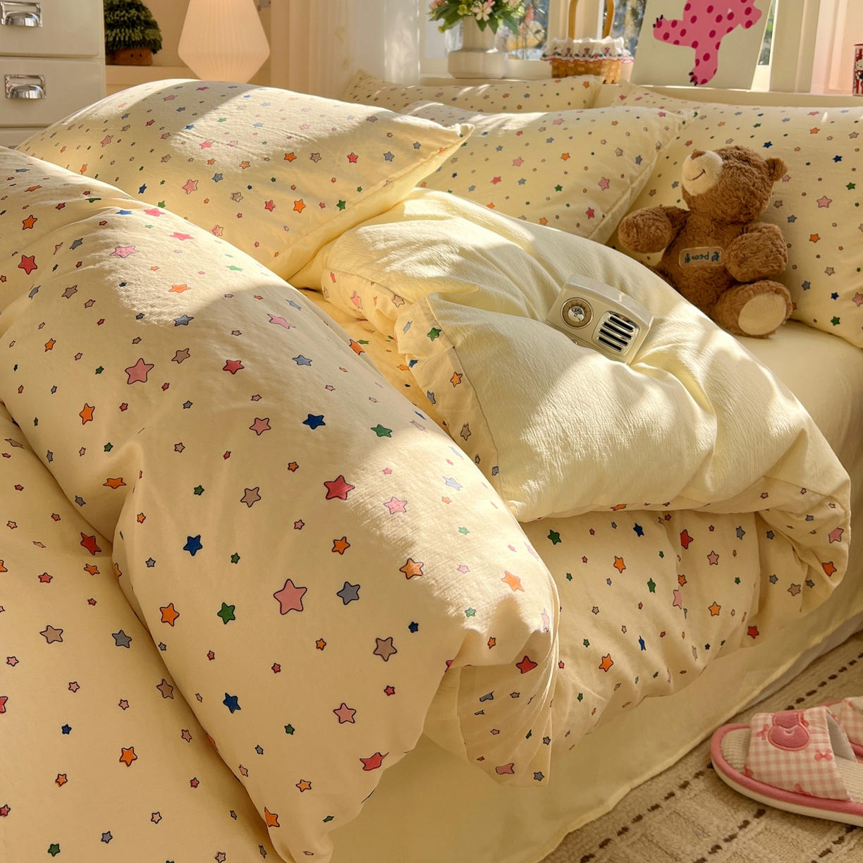 91家纺网 家纺一手货源 找家纺 水木坊 2026春夏新款云感双层纱可爱系列四件套 繁星浅梦