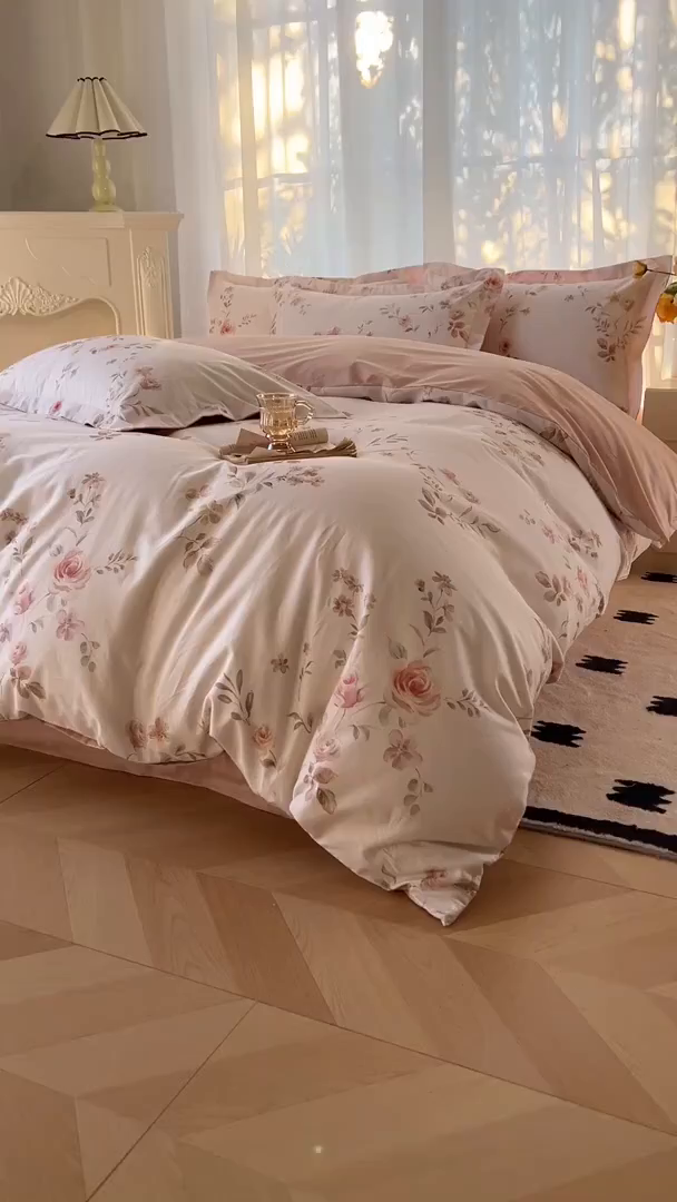 91家纺网 家纺一手货源 找家纺 典曼家纺 2026新款纯棉花卉系列全棉印花四件套 清悠-粉