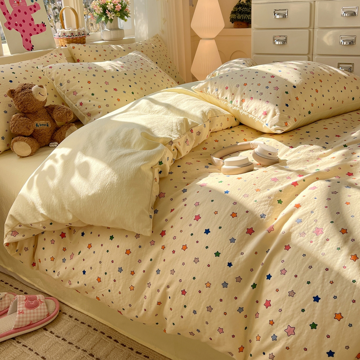 91家纺网 家纺一手货源 找家纺 水木坊 2026春夏新款云感双层纱可爱系列四件套 繁星浅梦