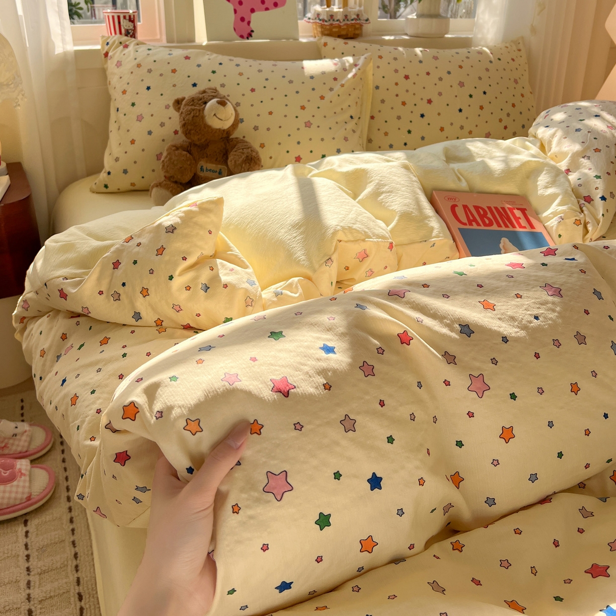 91家纺网 家纺一手货源 找家纺 水木坊 2026春夏新款云感双层纱可爱系列四件套 繁星浅梦