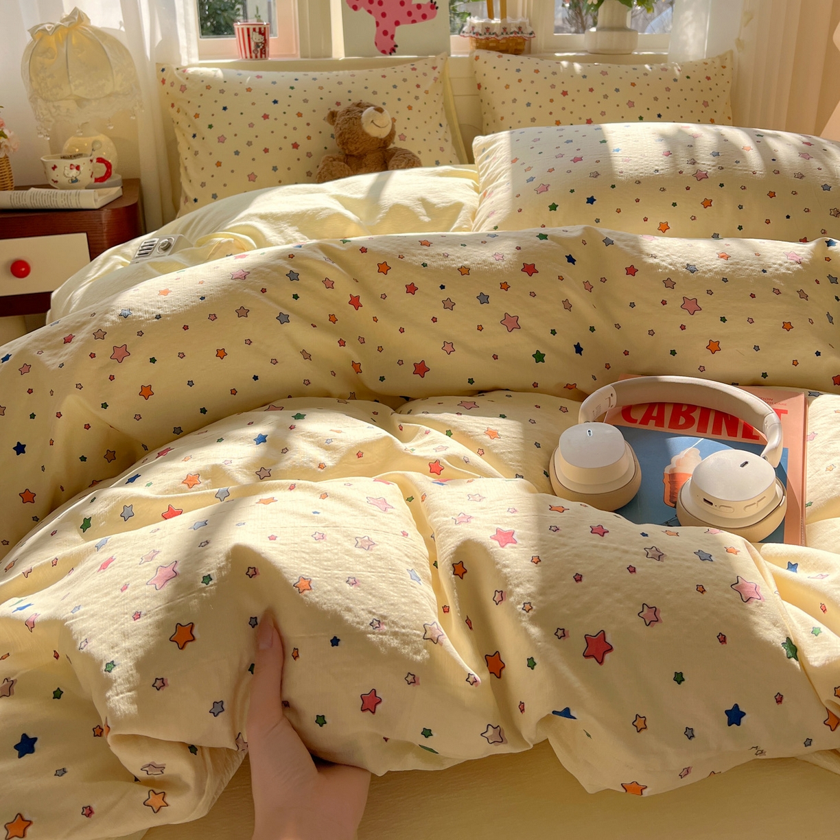 91家纺网 家纺一手货源 找家纺 水木坊 2026春夏新款云感双层纱可爱系列四件套 繁星浅梦