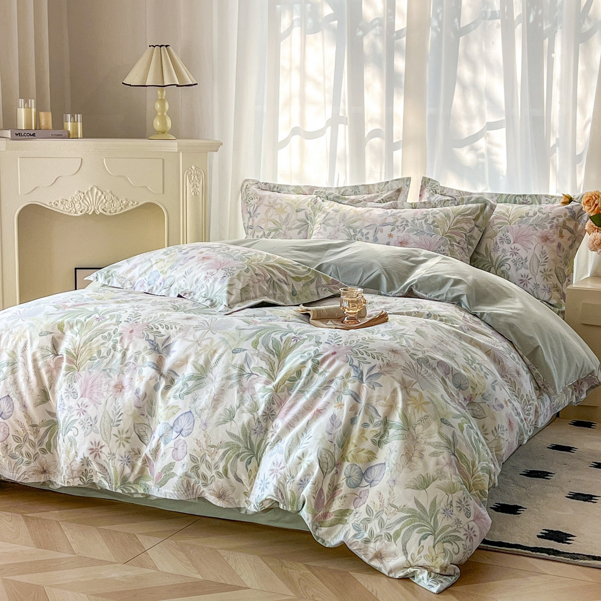 91家纺网 家纺一手货源 找家纺 典曼家纺 2026新款纯棉花卉系列全棉印花四件套 晚柠-绿