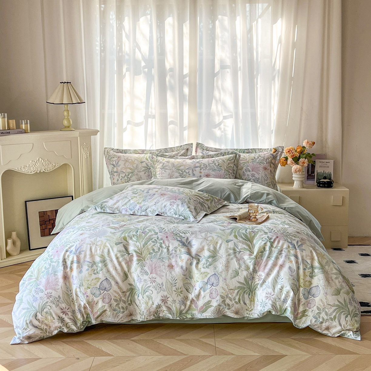 91家纺网 家纺一手货源 找家纺 典曼家纺 2026新款纯棉花卉系列全棉印花四件套 晚柠-绿