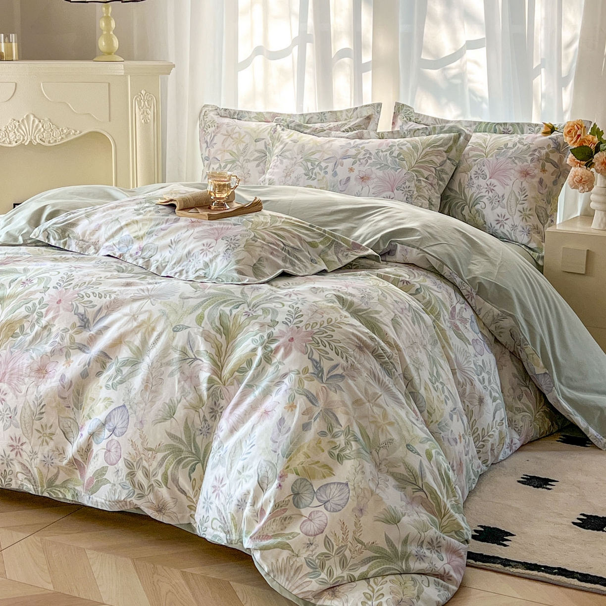 91家纺网 家纺一手货源 找家纺 典曼家纺 2026新款纯棉花卉系列全棉印花四件套 晚柠-绿