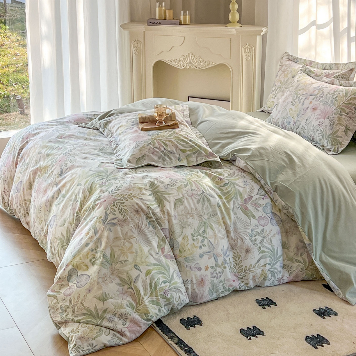 91家纺网 家纺一手货源 找家纺 典曼家纺 2026新款纯棉花卉系列全棉印花四件套 晚柠-绿