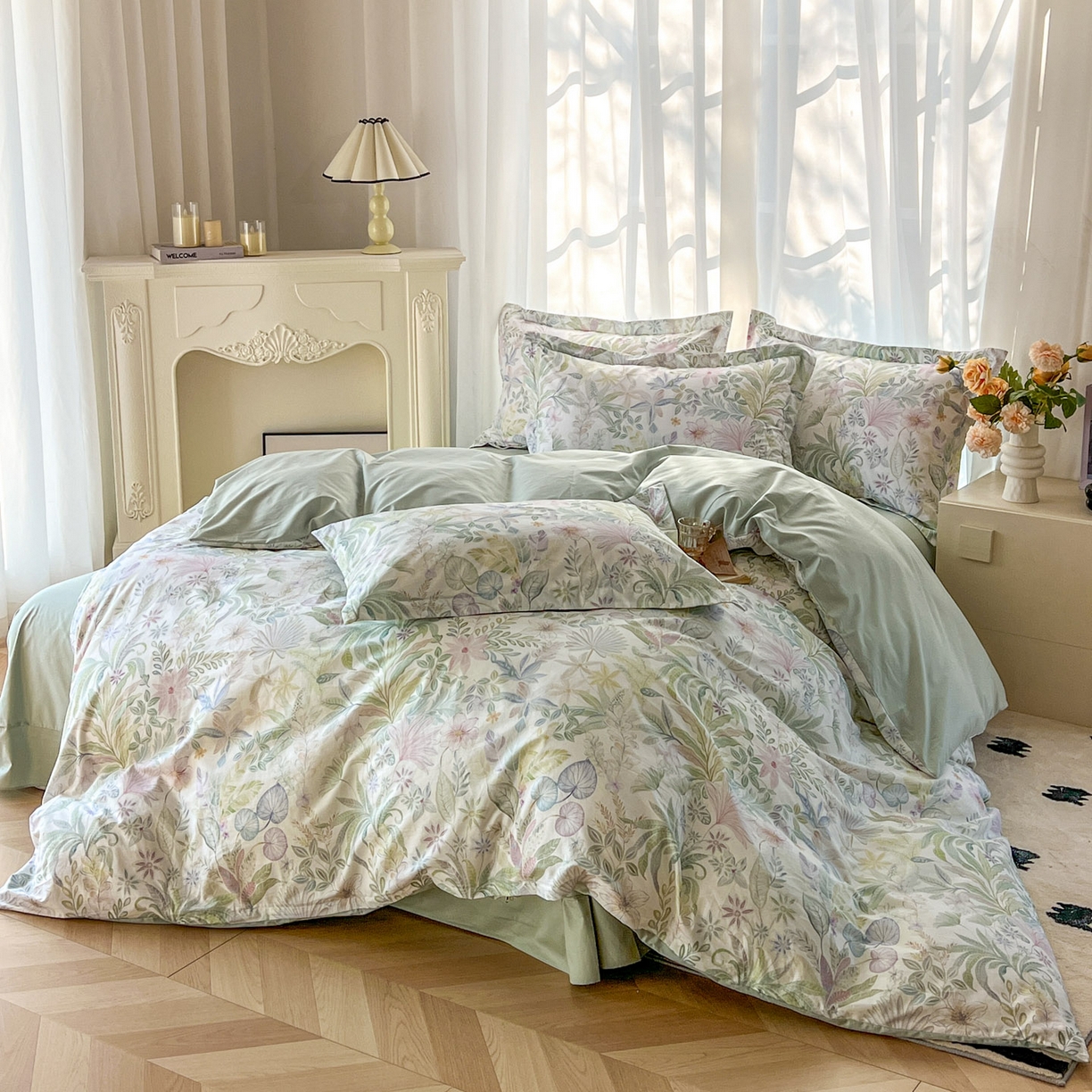 91家纺网 家纺一手货源 找家纺 典曼家纺 2026新款纯棉花卉系列全棉印花四件套 晚柠-绿