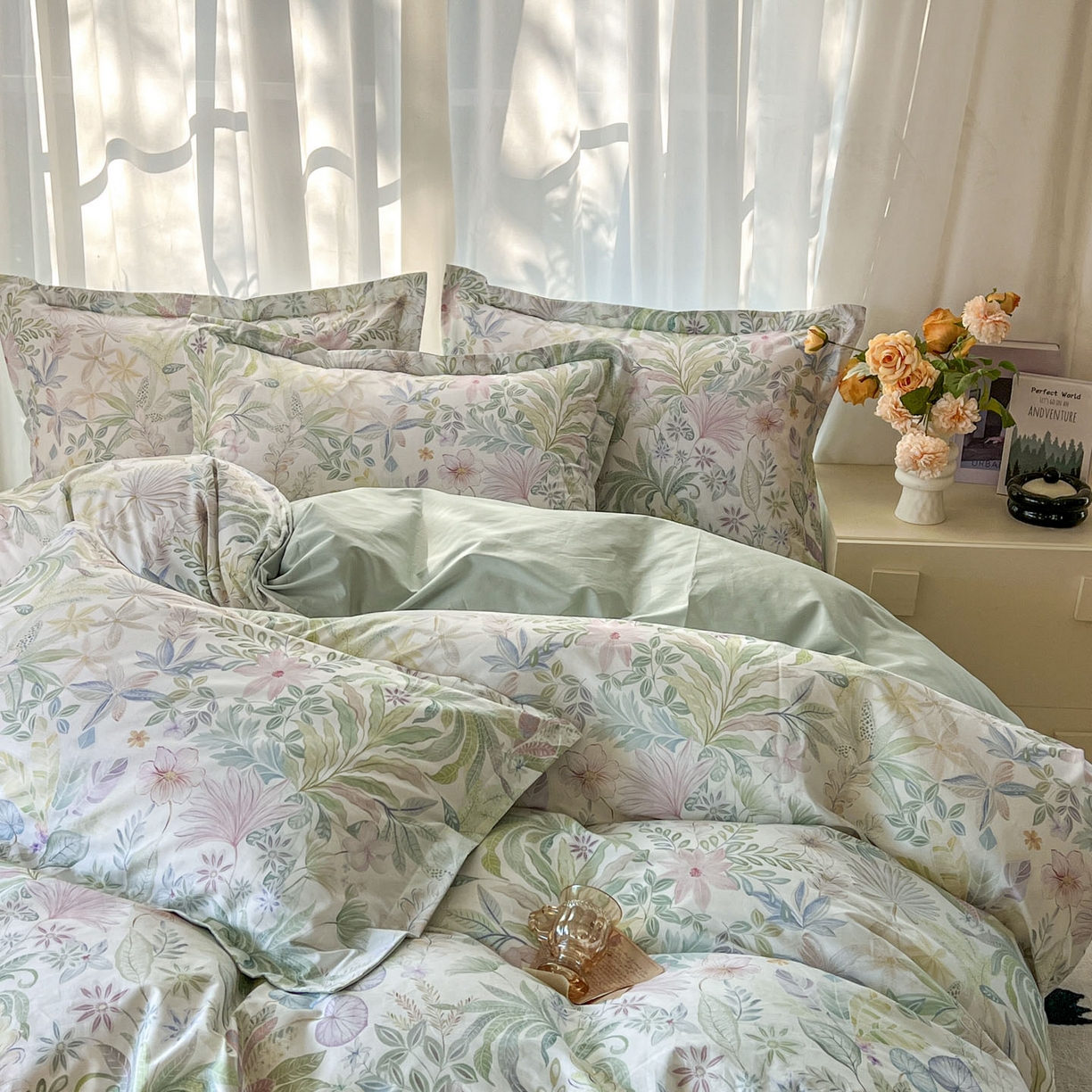91家纺网 家纺一手货源 找家纺 典曼家纺 2026新款纯棉花卉系列全棉印花四件套 晚柠-绿