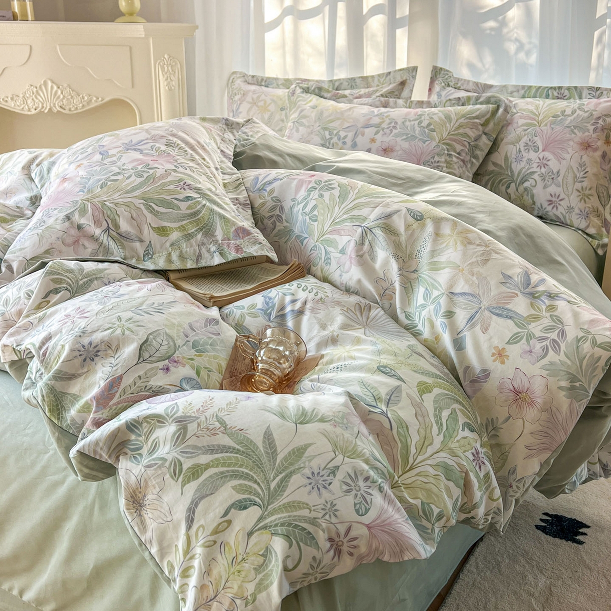 91家纺网 家纺一手货源 找家纺 典曼家纺 2026新款纯棉花卉系列全棉印花四件套 晚柠-绿