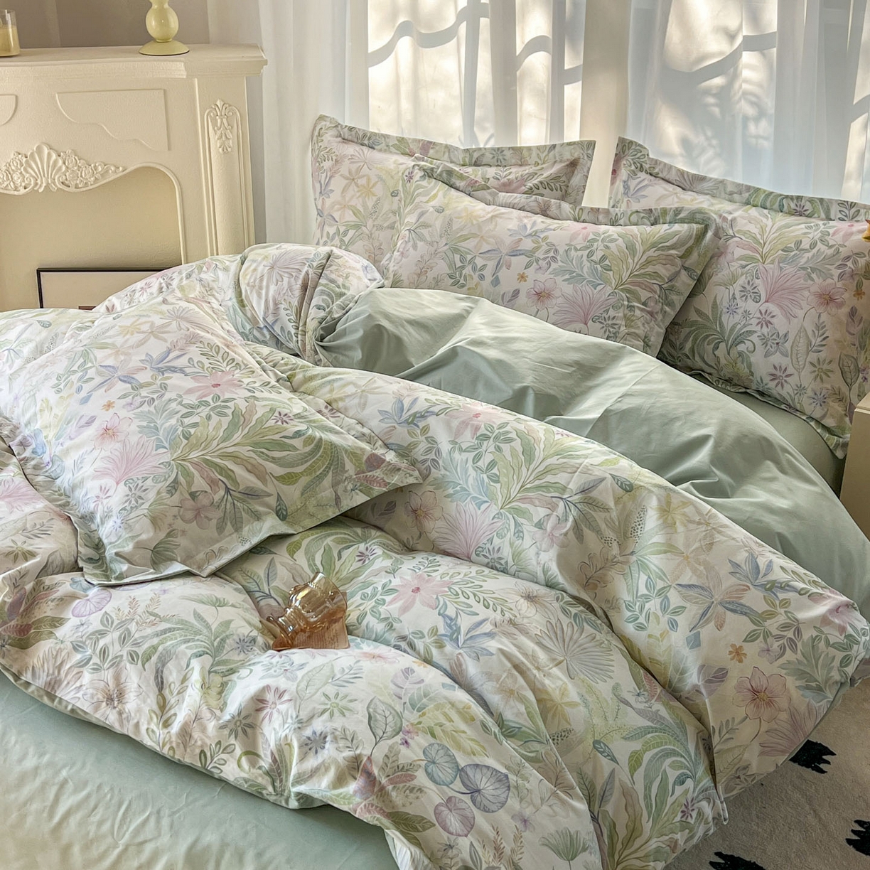 91家纺网 家纺一手货源 找家纺 典曼家纺 2026新款纯棉花卉系列全棉印花四件套 晚柠-绿