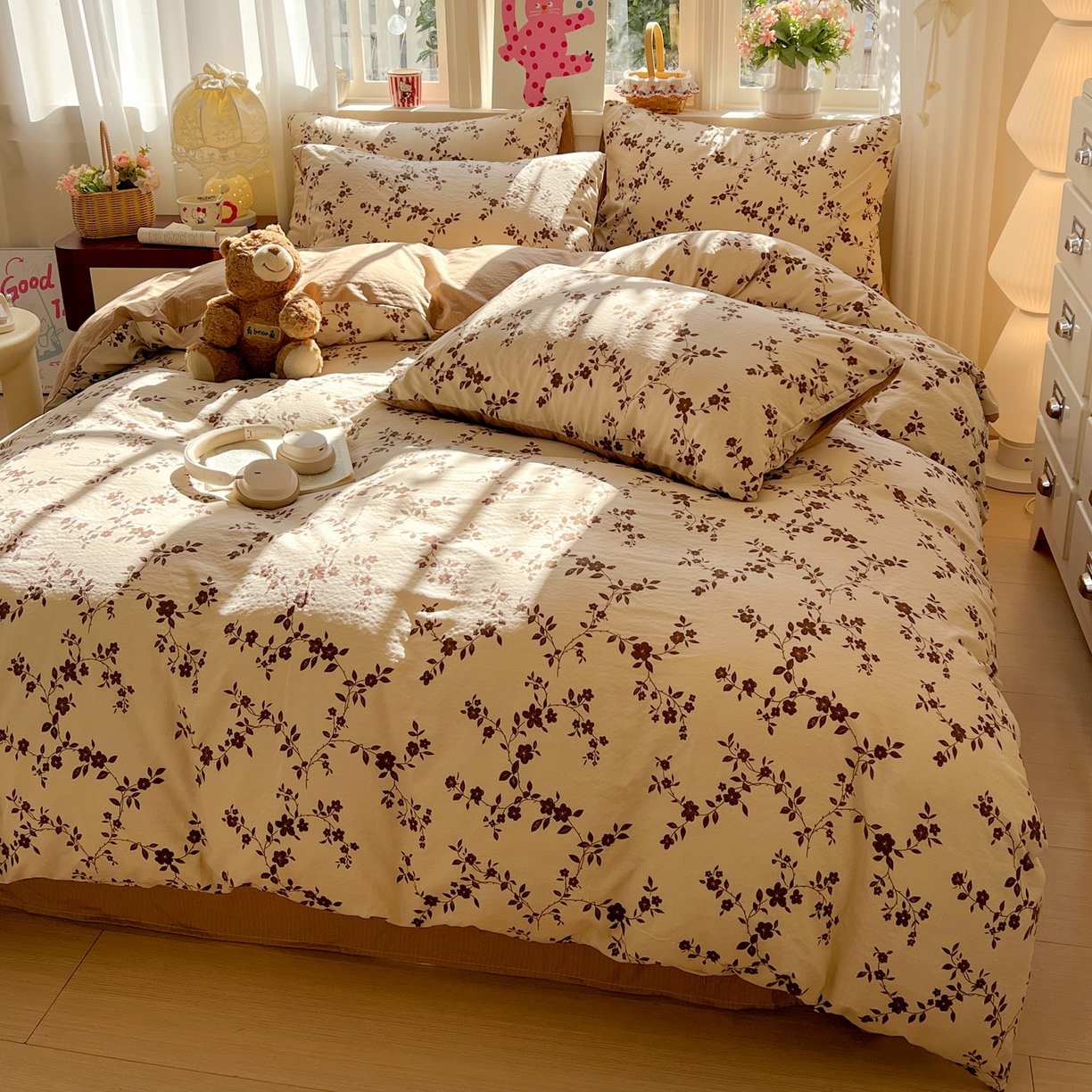 91家纺网 家纺一手货源 找家纺 水木坊 2026春夏新款云感双层纱可爱系列四件套 复古花语