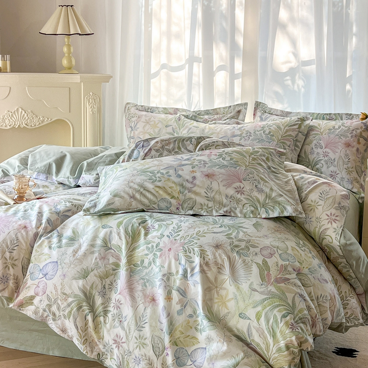 91家纺网 家纺一手货源 找家纺 典曼家纺 2026新款纯棉花卉系列全棉印花四件套 晚柠-绿