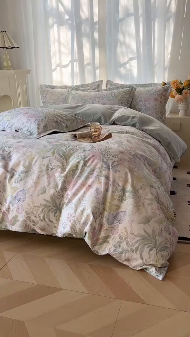 91家纺网 家纺一手货源 找家纺 典曼家纺 2026新款纯棉花卉系列全棉印花四件套 晚柠-绿