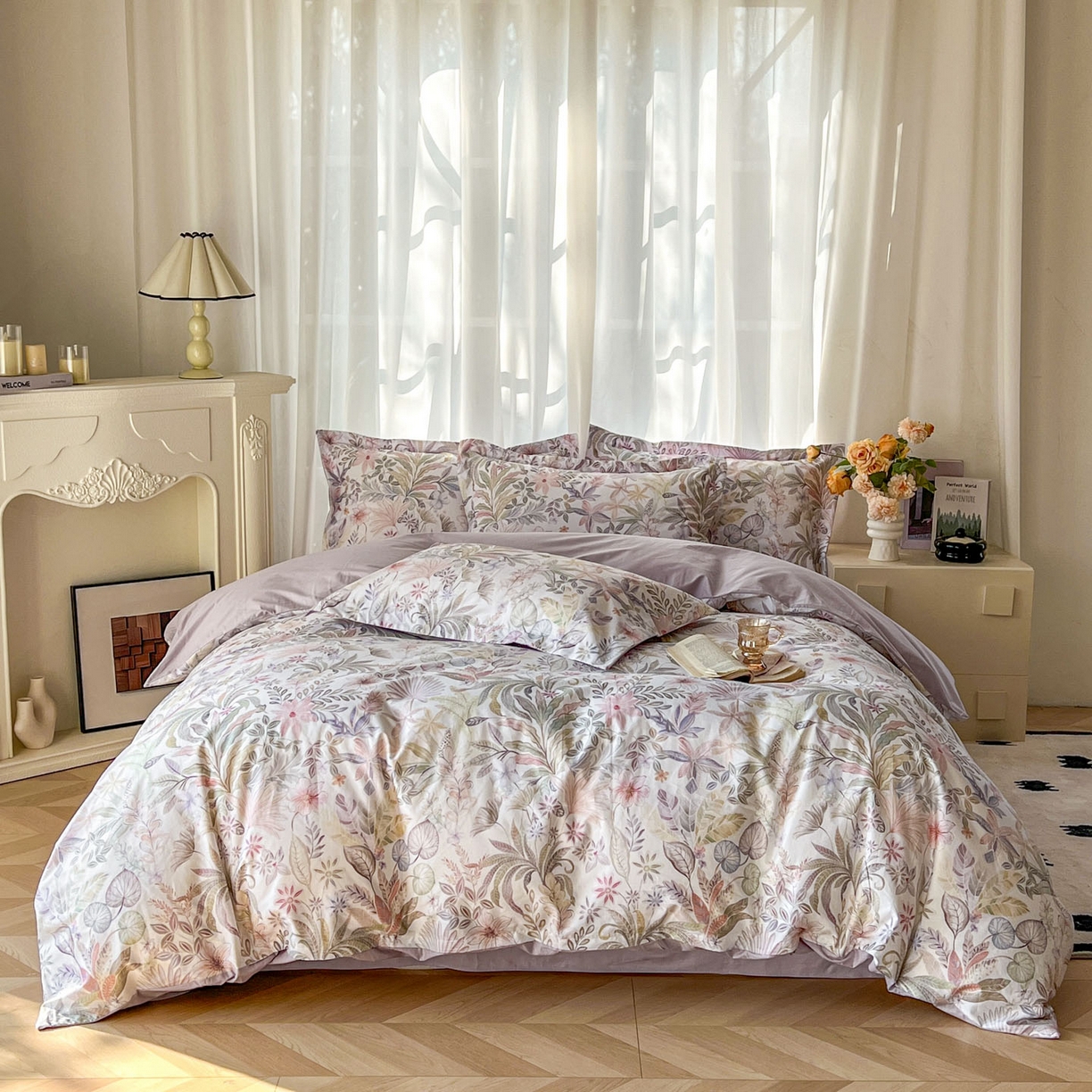 91家纺网 家纺一手货源 找家纺 典曼家纺 2026新款纯棉花卉系列全棉印花四件套 晚柠-紫