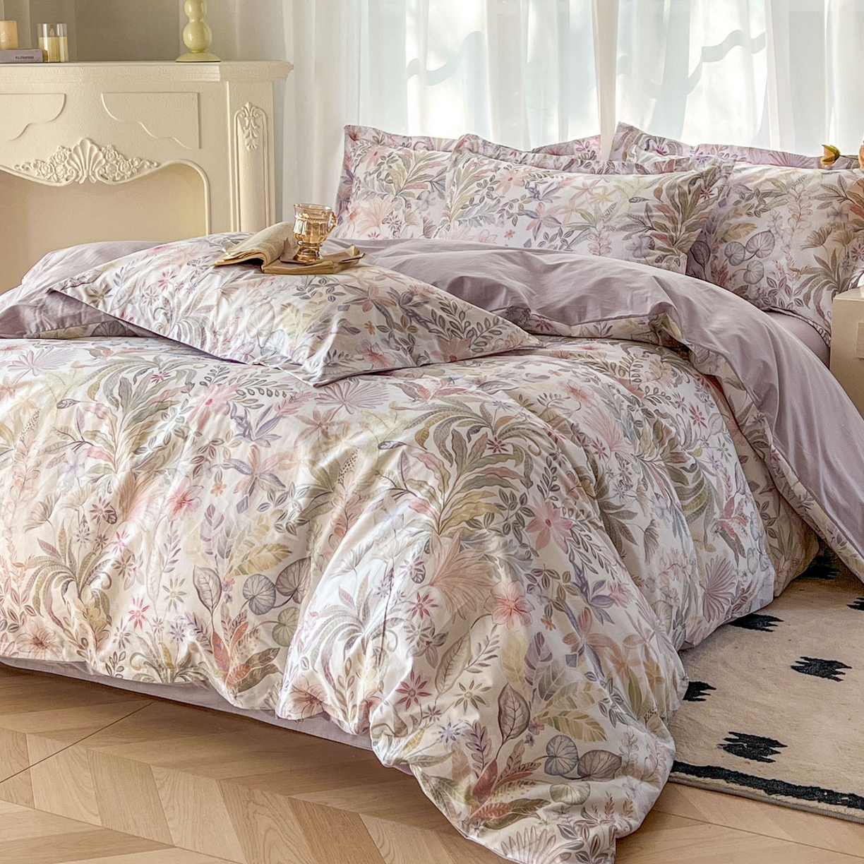 91家纺网 家纺一手货源 找家纺 典曼家纺 2026新款纯棉花卉系列全棉印花四件套 晚柠-紫