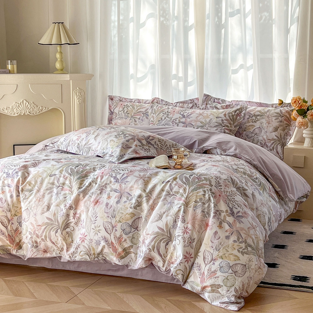 91家纺网 家纺一手货源 找家纺 典曼家纺 2026新款纯棉花卉系列全棉印花四件套 晚柠-紫