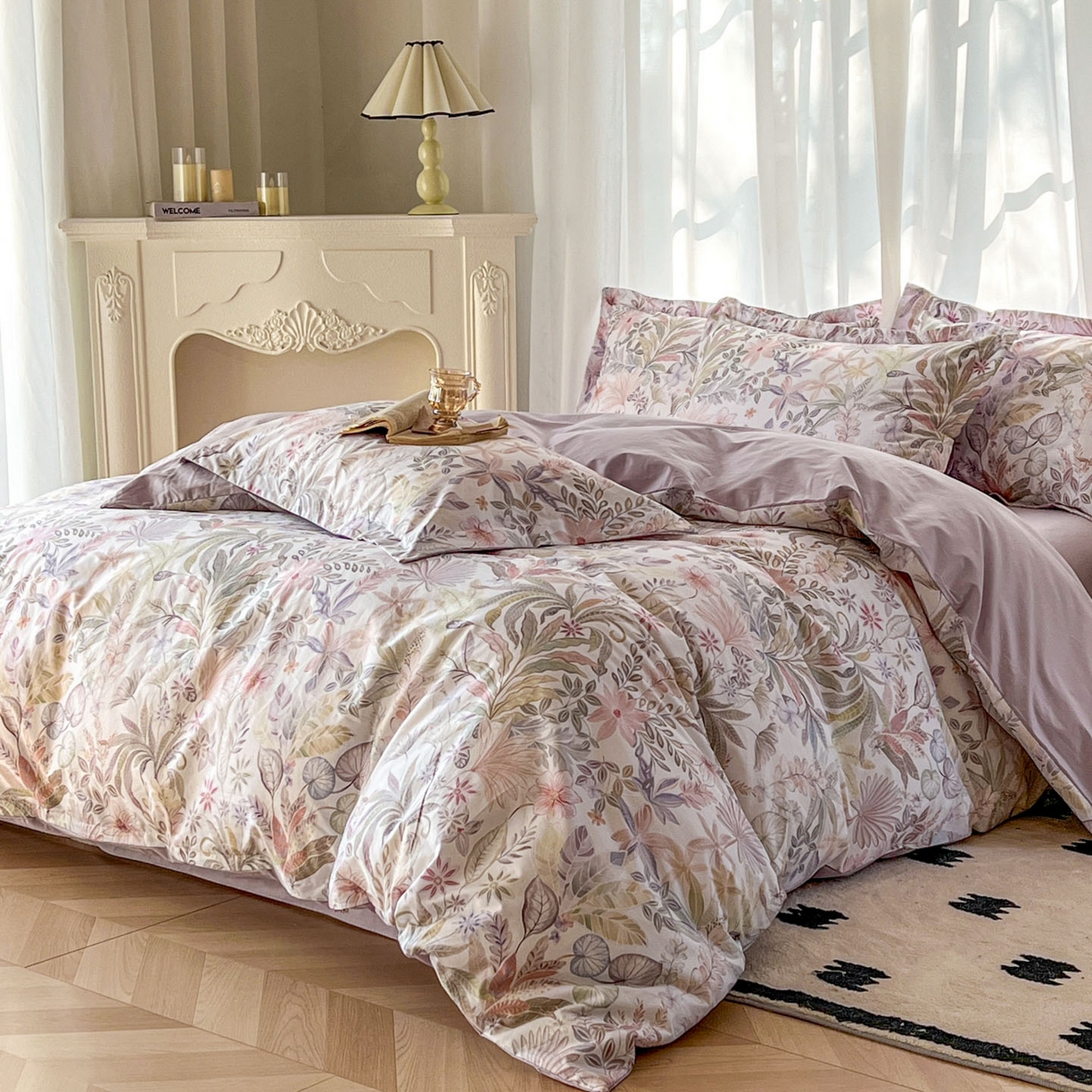 91家纺网 家纺一手货源 找家纺 典曼家纺 2026新款纯棉花卉系列全棉印花四件套 晚柠-紫