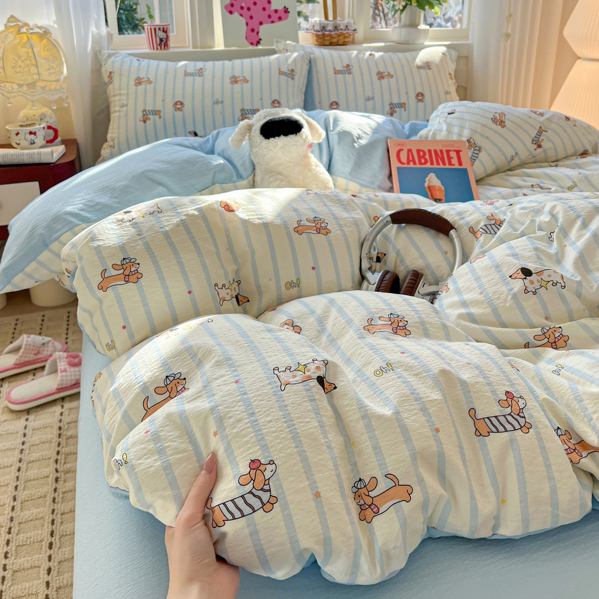 91家纺网 家纺一手货源 找家纺 水木坊 2026春夏新款云感双层纱可爱系列四件套 狗狗乐园