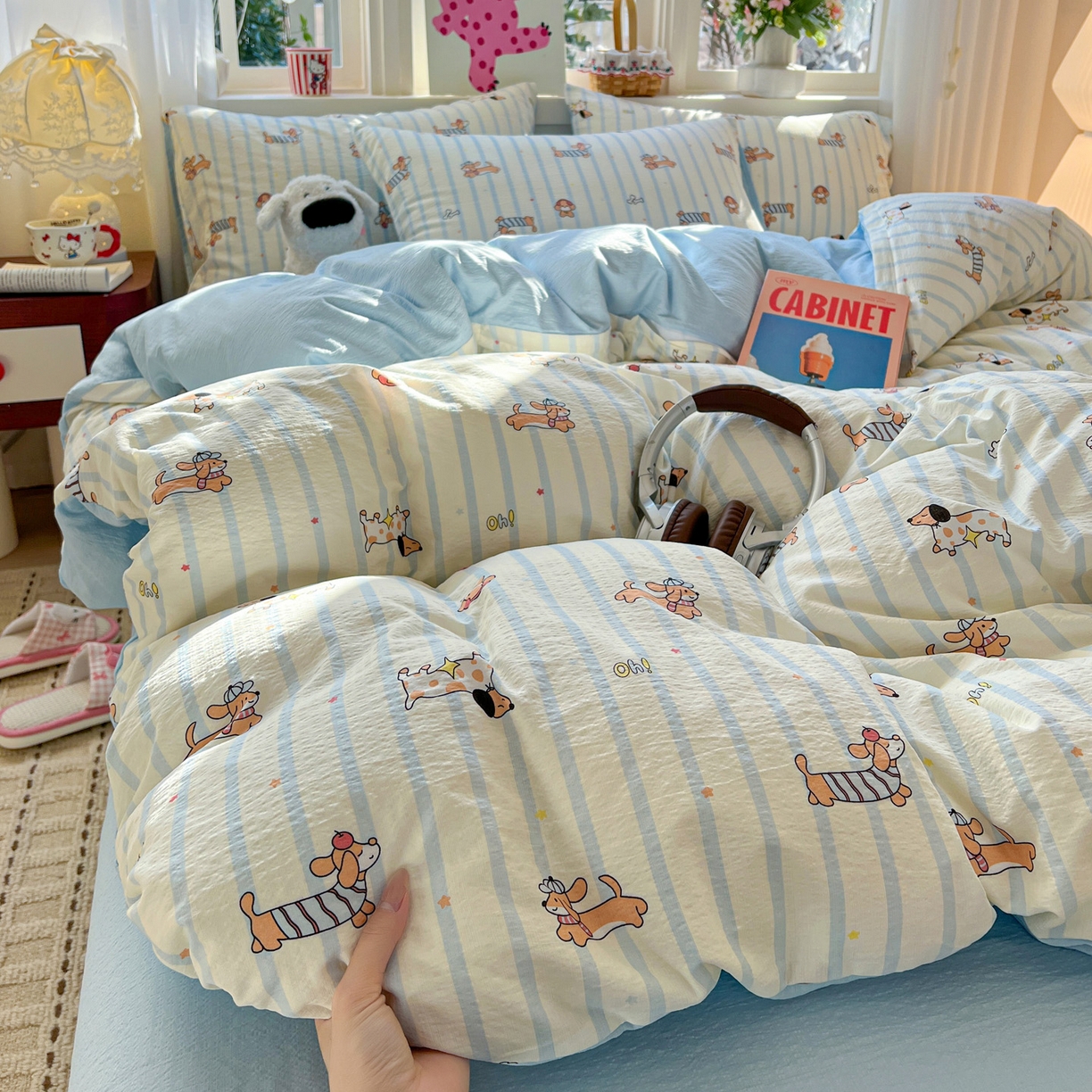 91家纺网 家纺一手货源 找家纺 水木坊 2026春夏新款云感双层纱可爱系列四件套 狗狗乐园