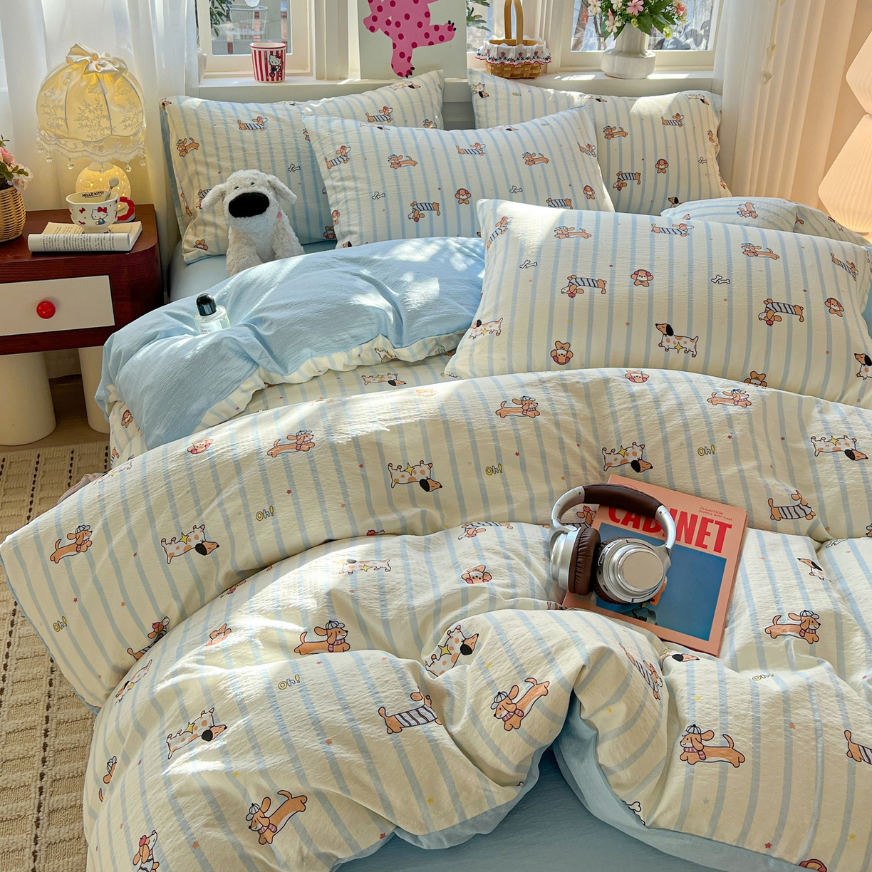 91家纺网 家纺一手货源 找家纺 水木坊 2026春夏新款云感双层纱可爱系列四件套 狗狗乐园