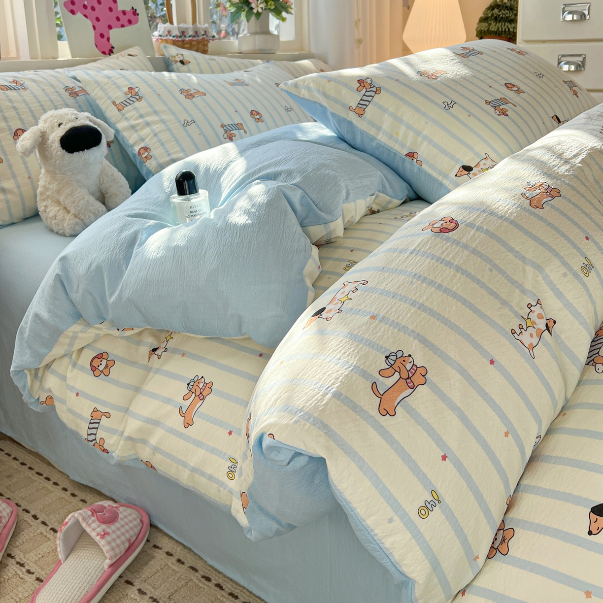 91家纺网 家纺一手货源 找家纺 水木坊 2026春夏新款云感双层纱可爱系列四件套 狗狗乐园