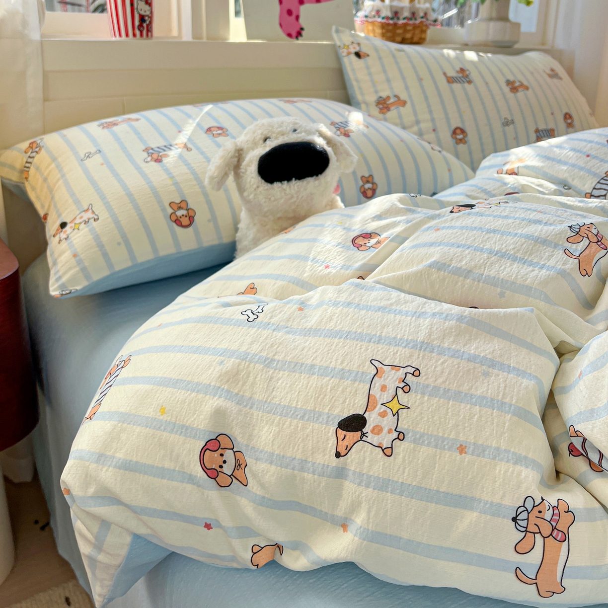 91家纺网 家纺一手货源 找家纺 水木坊 2026春夏新款云感双层纱可爱系列四件套 狗狗乐园