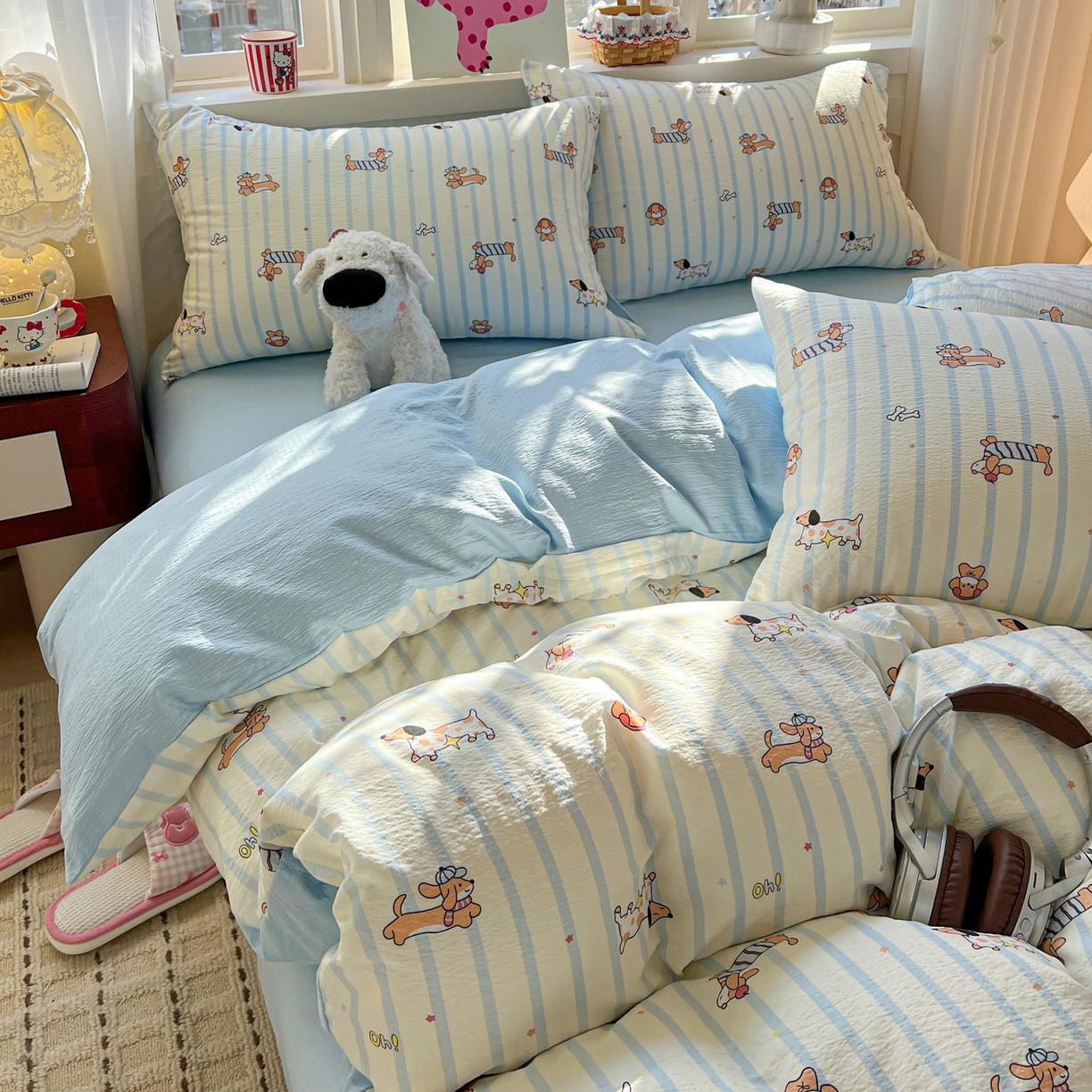 91家纺网 家纺一手货源 找家纺 水木坊 2026春夏新款云感双层纱可爱系列四件套 狗狗乐园