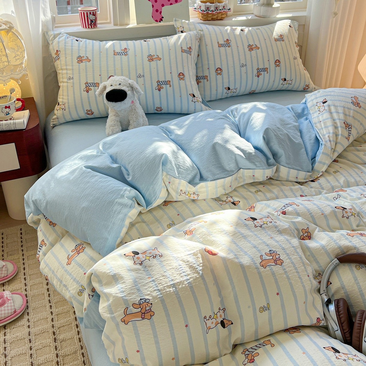 91家纺网 家纺一手货源 找家纺 水木坊 2026春夏新款云感双层纱可爱系列四件套 狗狗乐园