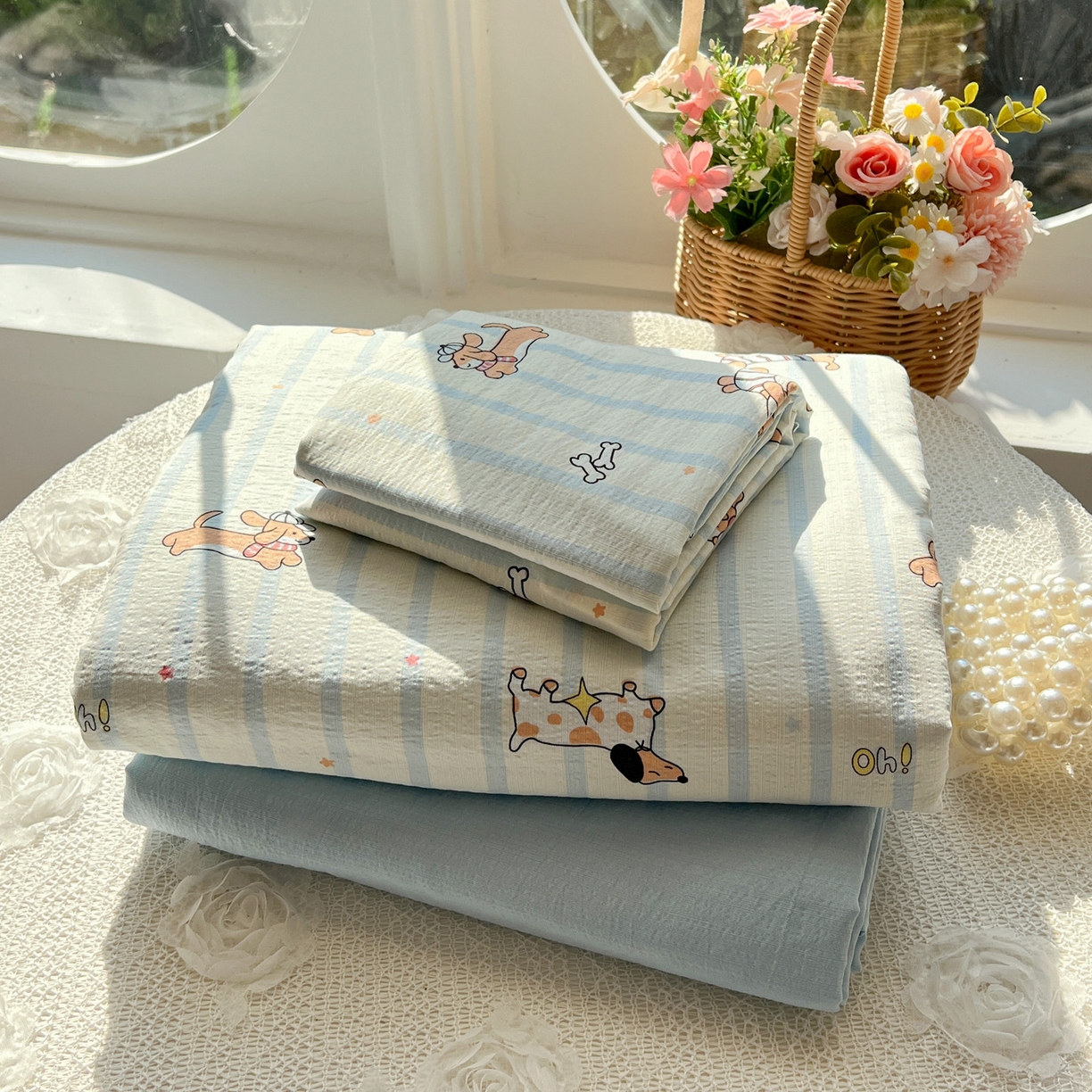 91家纺网 家纺一手货源 找家纺 水木坊 2026春夏新款云感双层纱可爱系列四件套 狗狗乐园