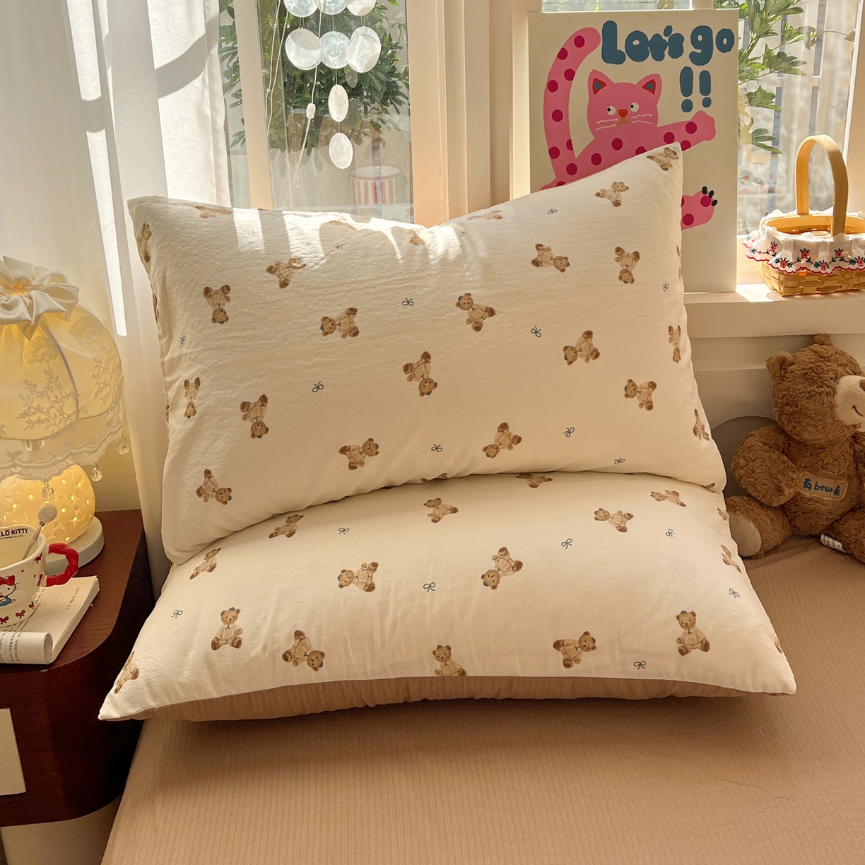 91家纺网 家纺一手货源 找家纺 水木坊 2026春夏新款云感双层纱可爱系列四件套 焦糖饼干熊