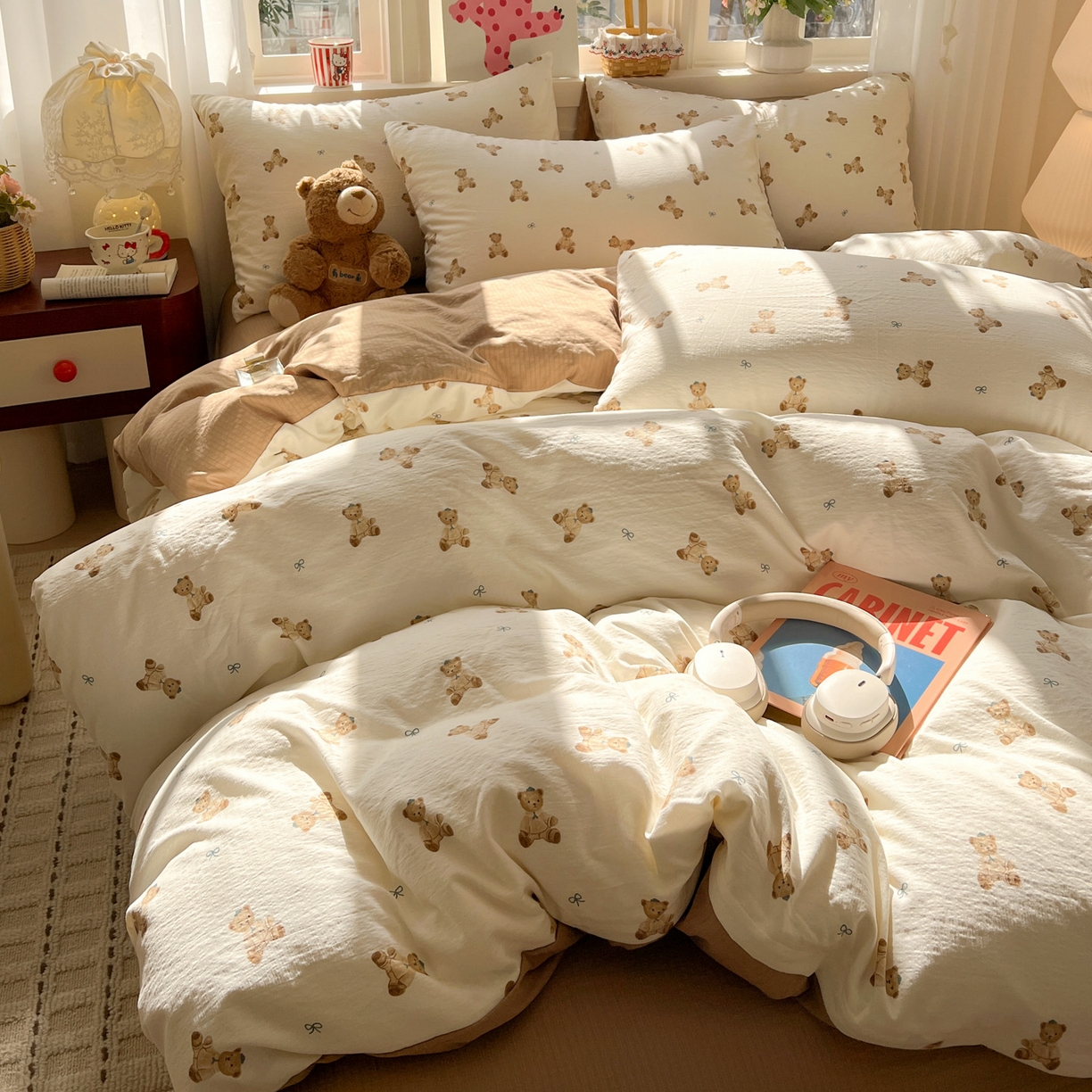 91家纺网 家纺一手货源 找家纺 水木坊 2026春夏新款云感双层纱可爱系列四件套 焦糖饼干熊