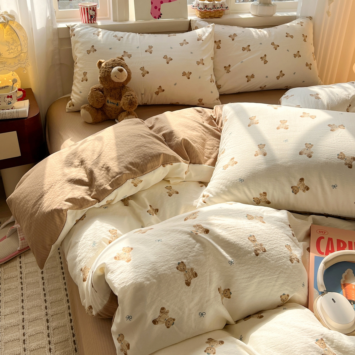 91家纺网 家纺一手货源 找家纺 水木坊 2026春夏新款云感双层纱可爱系列四件套 焦糖饼干熊