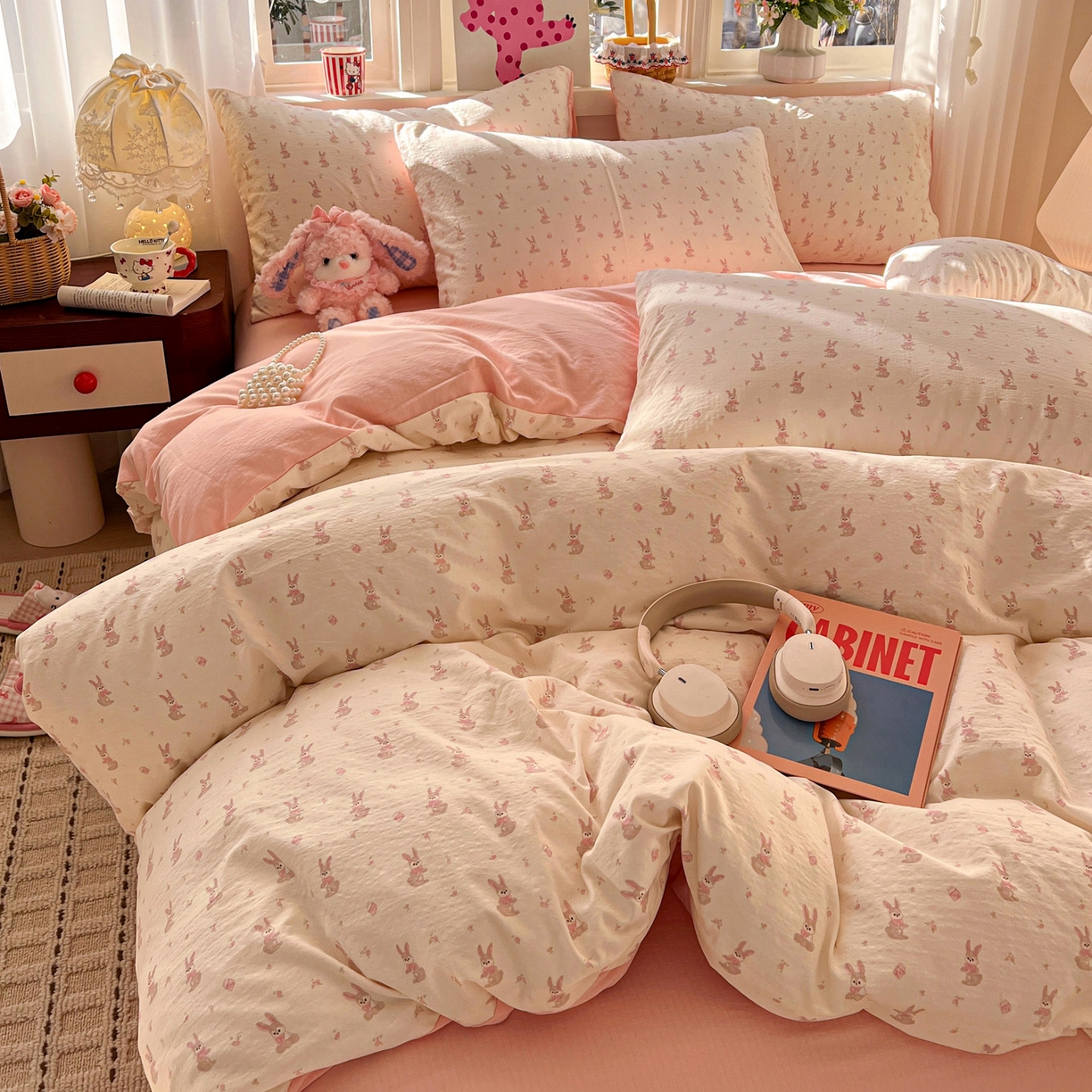 91家纺网 家纺一手货源 找家纺 水木坊 2026春夏新款云感双层纱可爱系列四件套 精灵兔兔