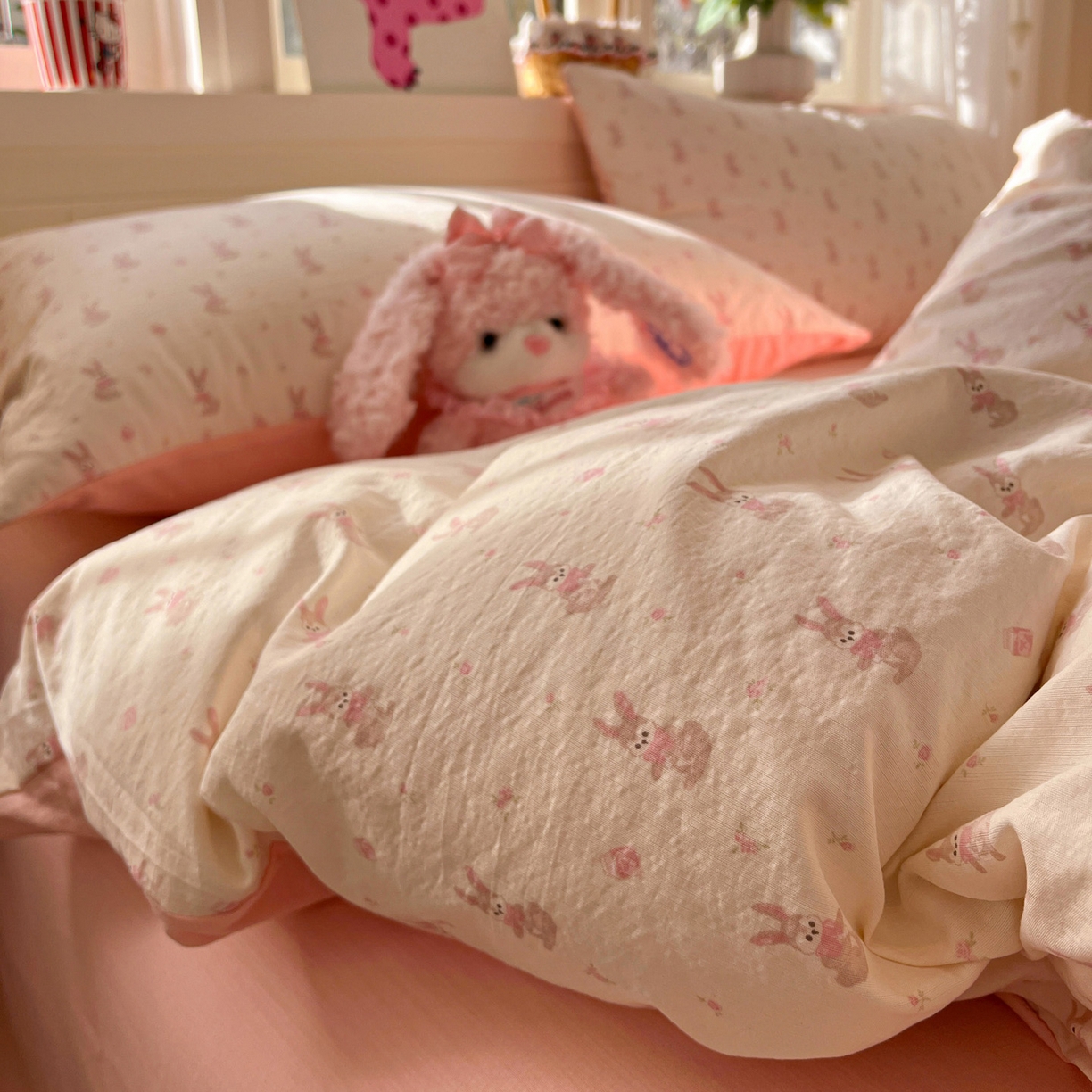 91家纺网 家纺一手货源 找家纺 水木坊 2026春夏新款云感双层纱可爱系列四件套 精灵兔兔