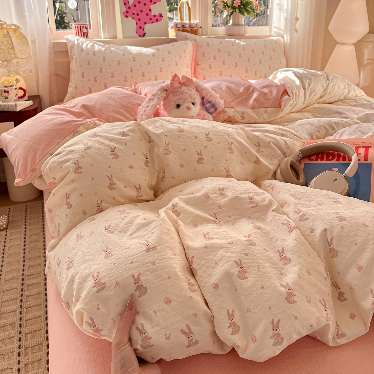 91家纺网 家纺一手货源 找家纺 水木坊 2026春夏新款云感双层纱可爱系列四件套 精灵兔兔