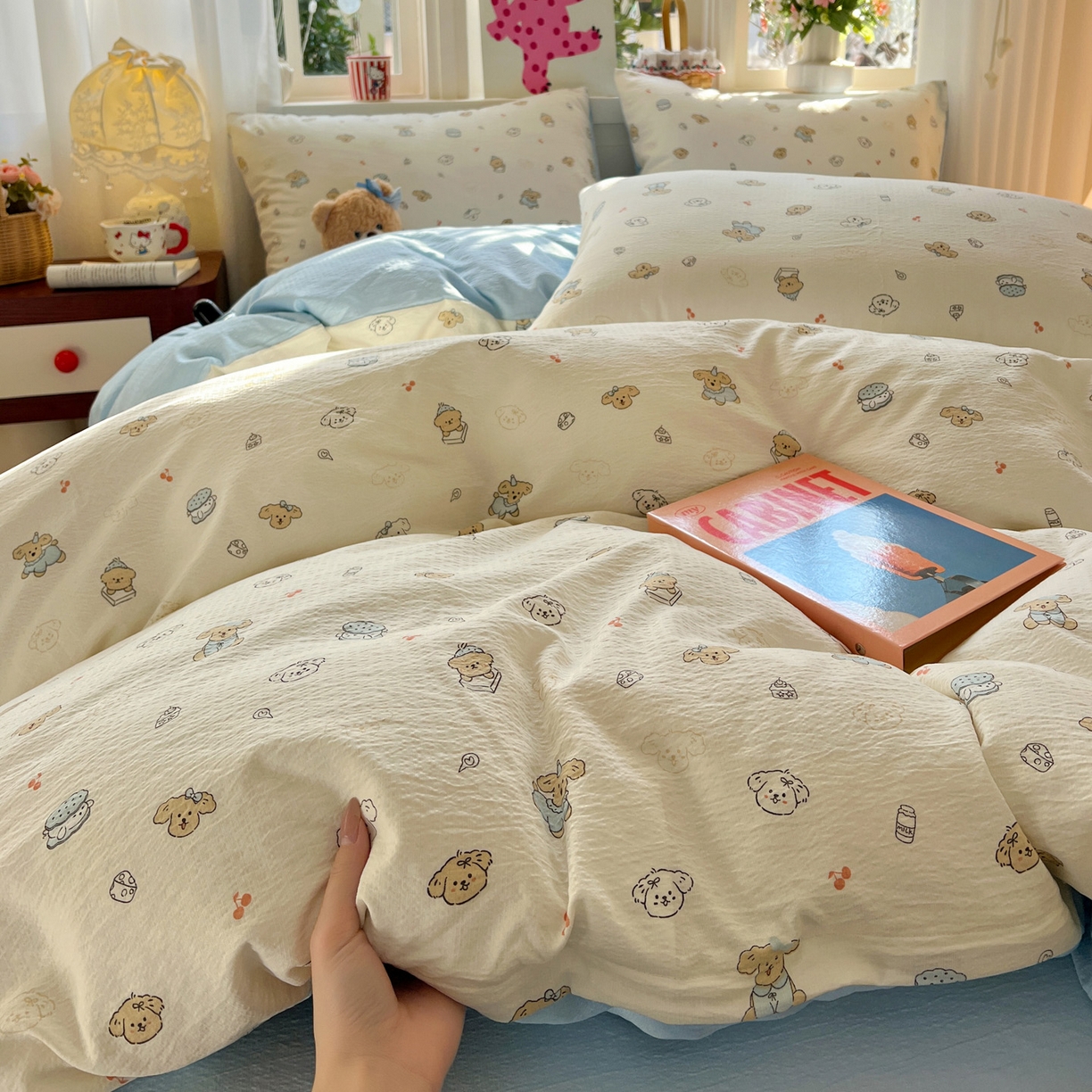 91家纺网 家纺一手货源 找家纺 水木坊 2026春夏新款云感双层纱可爱系列四件套 可可甜心派