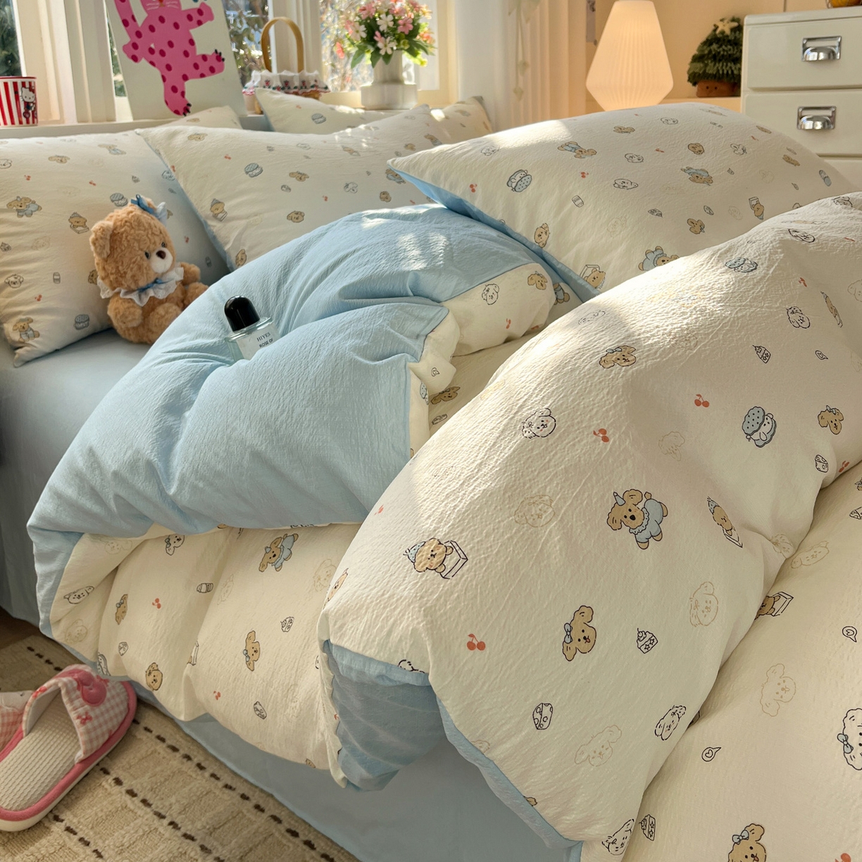 91家纺网 家纺一手货源 找家纺 水木坊 2026春夏新款云感双层纱可爱系列四件套 可可甜心派