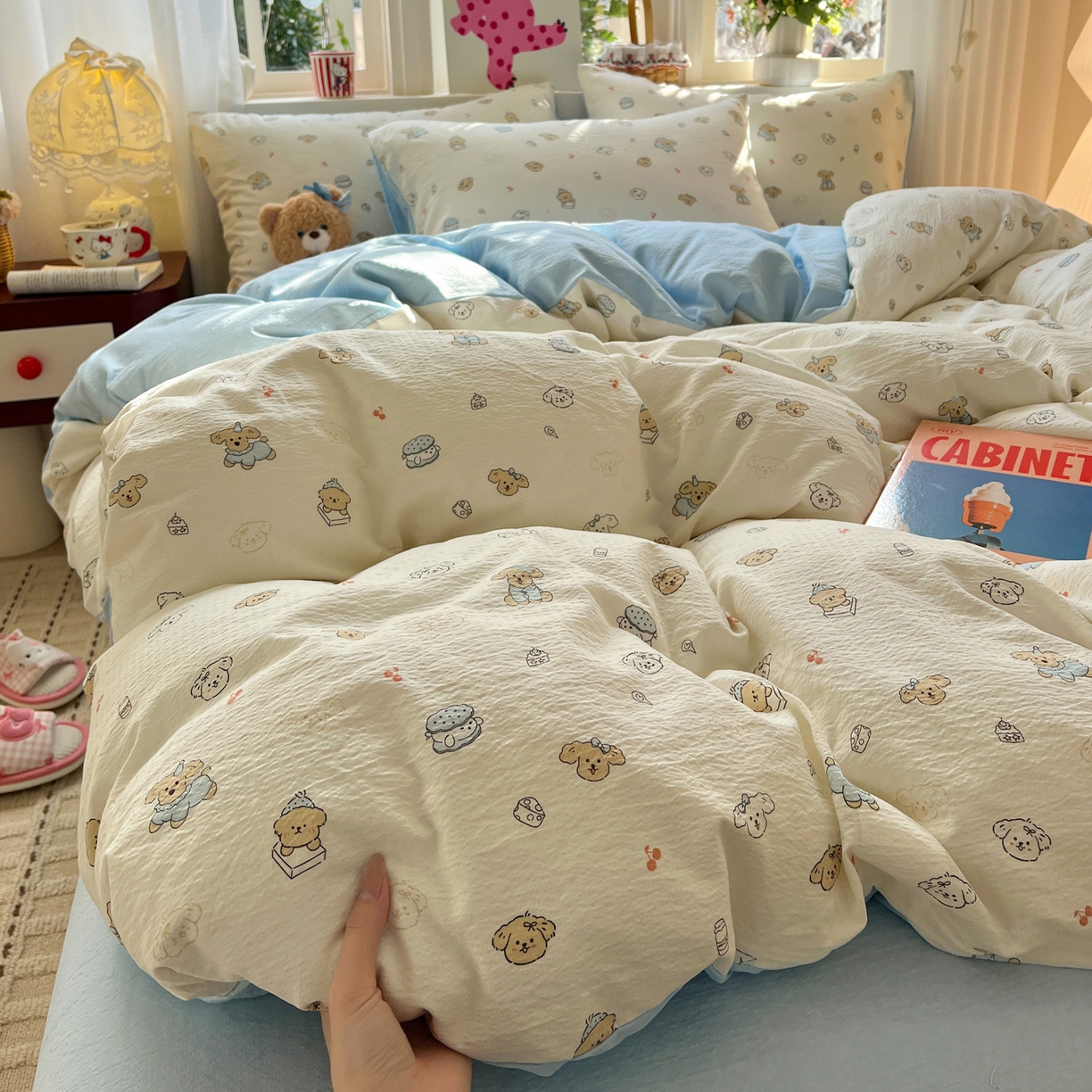 91家纺网 家纺一手货源 找家纺 水木坊 2026春夏新款云感双层纱可爱系列四件套 可可甜心派