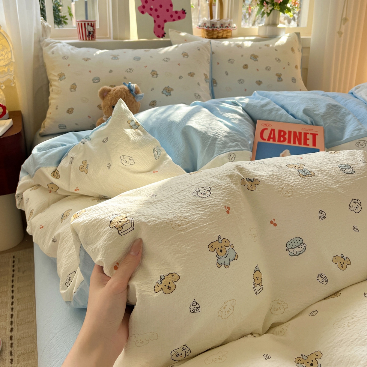 91家纺网 家纺一手货源 找家纺 水木坊 2026春夏新款云感双层纱可爱系列四件套 可可甜心派