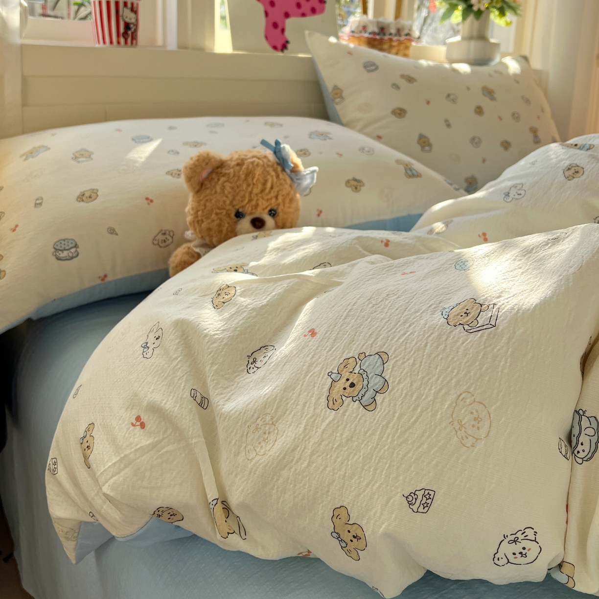 91家纺网 家纺一手货源 找家纺 水木坊 2026春夏新款云感双层纱可爱系列四件套 可可甜心派