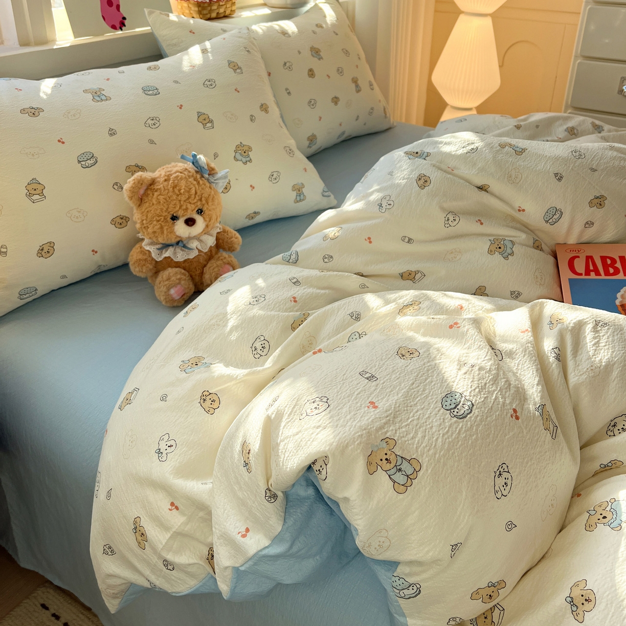 91家纺网 家纺一手货源 找家纺 水木坊 2026春夏新款云感双层纱可爱系列四件套 可可甜心派