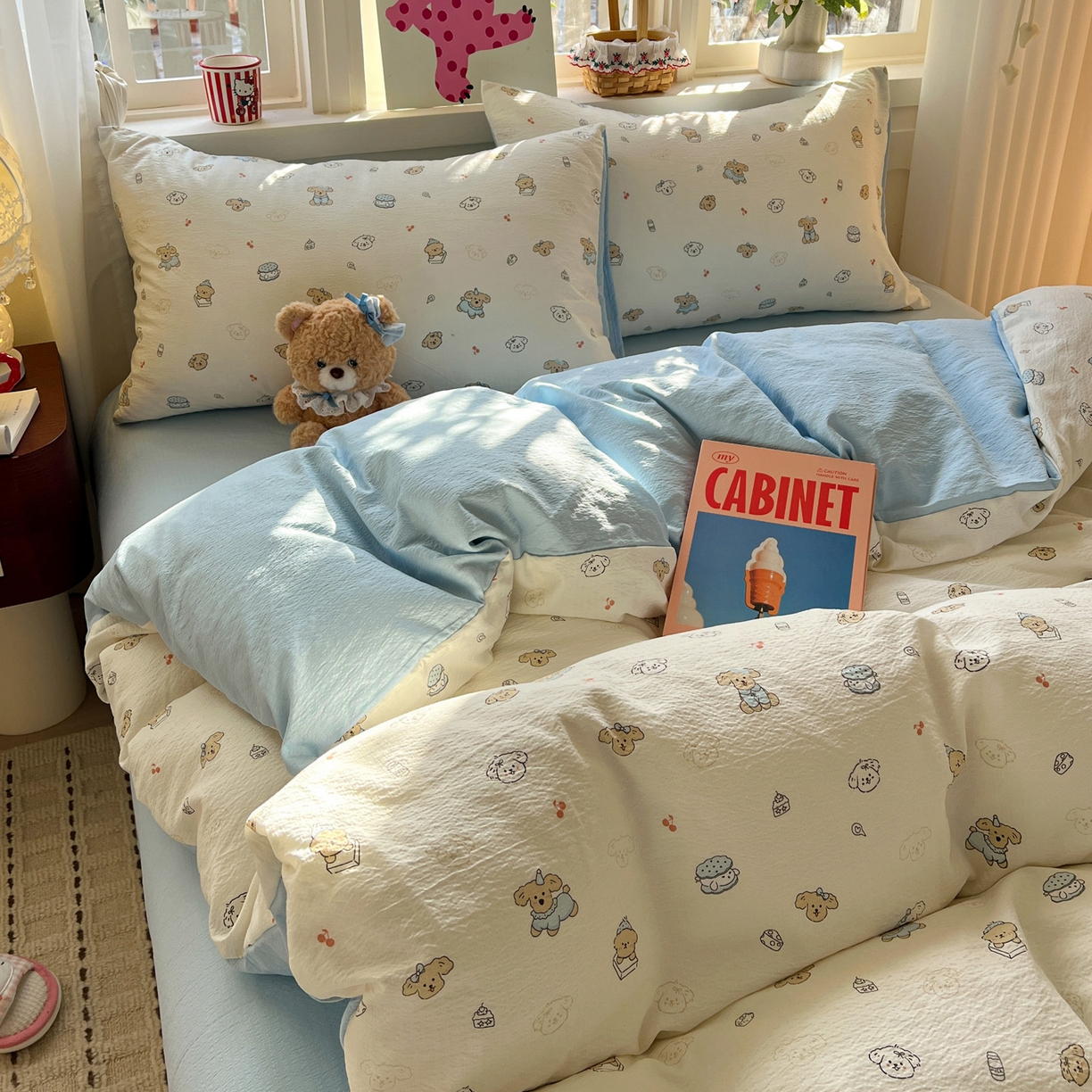 91家纺网 家纺一手货源 找家纺 水木坊 2026春夏新款云感双层纱可爱系列四件套 可可甜心派